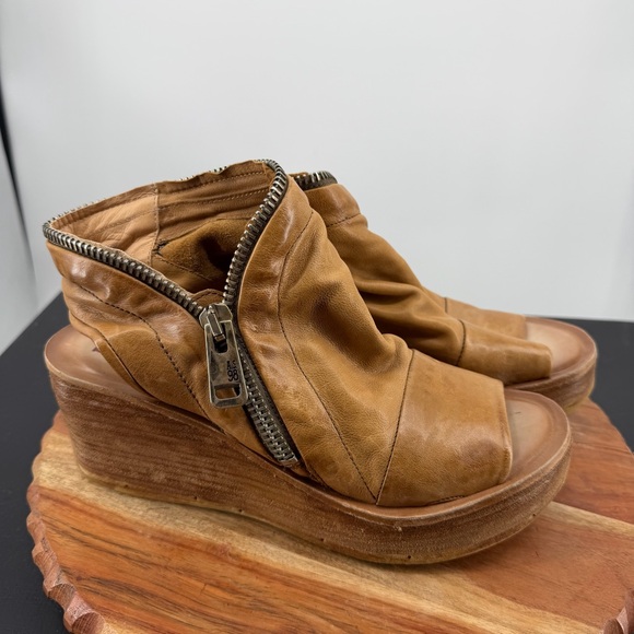 AS 98 Naylor wedge sandals sz 40 9-9.5 tan brown leather peep top zipper detail,All Products : American Fashion Style Bags On Sale